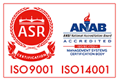 ISO9001 認証範囲：営業統括本部、生産統括本部、品質保証室。ISO14001 認証範囲：生産統括本部、品質保証室