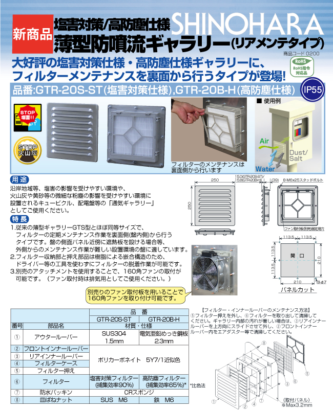 SHINOHARA 薄型防噴流ギャラリー【塩害対策仕様】 ▽160-5976 GTS-45W-ST 1台