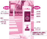横断歩道を渡る手前に設置することで、渡った側の高い位置にある歩行者信号機が見にくい方（弱視者、高齢者、小さい子供）には目の前で確認して安心して渡れる補助装置です。高さ1163mｍの白のゴム製のポールに赤・青のLED信号灯と押ボタンスイッチ、反対側にはスピーカーが付いています。赤・青のLED信号灯は目線より低い位置に付いているため見やすく、またスピーカーも1ｍの位置に付いているので耳元に近いので、現行の3.3mより聞き取り易くなっています。押ボタンスイッチは音響信号の停止時間に押すと音声が鳴ります。また青信号の時間延長にも併用できます。
